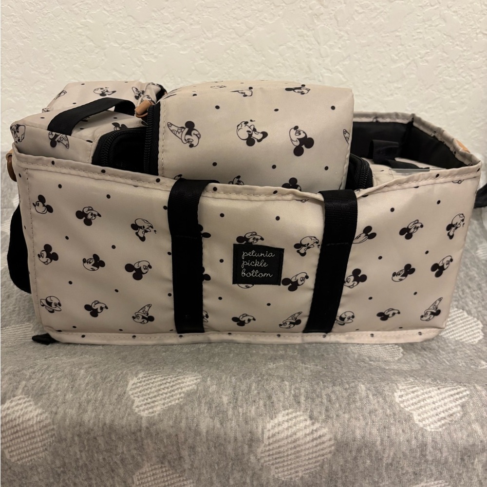 Petunia Pickle Bottom Cream and Black Mickey Mouse Bag Stroller Caddy